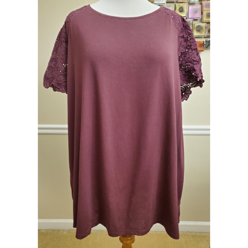Lane Bryant Plum Top With Floral Cutout Sleeves - Picture 1 of 4